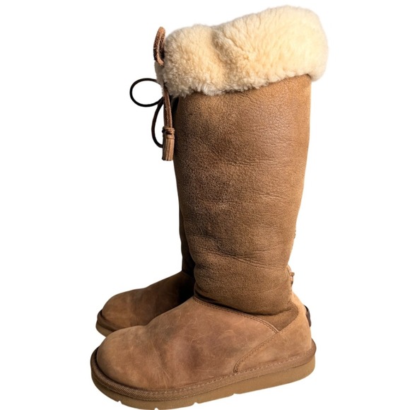 UGG Sussex Tall Boots Brown Leather Shearling Lined Women's Size 8 Après Ski - Picture 12 of 16